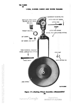 TM 9-883 
30 
1-TON, 2-WHEEL CARGO AND WATER TRAILERS 
REST CLIP (FORK GUIDE) 
BOLTED TO LEFT DRAW 
BAR RAIL 
THRUST WASHER 
SET SCREW 
QUADRANT W/SWIVEL PIN 
LATCH ROD SET SCREW, 
LATCH ROD 1 
FORK W/SWIVEL HOUSING 
WHEEL LUBRICATION FITTING 
DISK WHEEL 
SWIVEL PIN LUBRICATION FITTING 
AXLE COTTER PIN 
RAN) 5*261 
Figure 17—Parking Wheel Assembly—Disassembled 
58 
Generated on 2013-06-27 10:15 GMT / http://hdl.handle.net/2027/uc1.b3243775 
Public Domain, Google-digitized / http://www.hathitrust.org/access_use#pd-google 
 