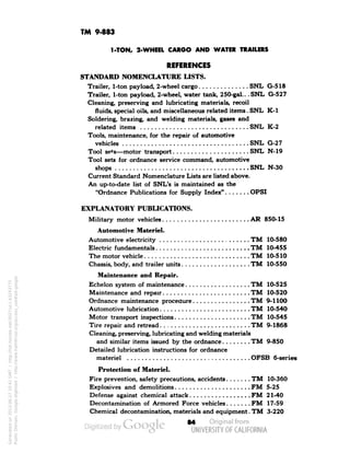 TM 9-883 
l-TON, 2-WHEEL CARGO AND WATER TRAILERS 
REFERENCES 
STANDARD NOMENCLATURE LISTS. 
Trailer, 1-ton payload, 2-wheel cargo SNL G-518 
Trailer, 1-ton payload, 2-wheel, water tank, 250-gal.. .SNL G-527 
Cleaning, preserving and lubricating materials, recoil 
fluids, special oils, and miscellaneous related items. SNL K-l 
Soldering, brazing, and welding materials, gases and 
related items SNL K-2 
Tools, maintenance, for the repair of automotive 
vehicles SNL G-27 
Tool sets—motor transport , SNL N-19 
Tool sets for ordnance service command, automotive 
shops SNL N-30 
Current Standard Nomenclature Lists are listed above. 
An up-to-date list of SNL's is maintained as the 
"Ordnance Publications for Supply Index" OPSI 
EXPLANATORY PUBLICATIONS. 
Military motor vehicles AR 850-15 
Automotive Materiel. 
Automotive electricity TM 10-580 
Electric fundamentals TM 10-455 
The motor vehicle TM 10-510 
Chassis, body, and trailer units TM 10-550 
Maintenance and Repair. 
Echelon system of maintenance TM 10-525 
Maintenance and repair TM 10-520 
Ordnance maintenance procedure TM 9-1100 
Automotive lubrication TM 10-540 
Motor transport inspections TM 10-545 
Tire repair and retread TM 9-1868 
Cleaning, preserving, lubricating and welding materials 
and similar items issued by the ordnance TM 9-850 
Detailed lubrication instructions for ordnance 
materiel OFSB 6-series 
Protection of Materiel. 
Fire prevention, safety precautions, accidents TM 10-360 
Explosives and demolitions FM 5-25 
Defense against chemical attack FM 21-40 
Decontamination of Armored Force vehicles FM 17-59 
Chemical decontamination, materials and equipment. TM 3-220 
M 
Generated on 2013-06-27 10:41 GMT / http://hdl.handle.net/2027/uc1.b3243775 
Public Domain, Google-digitized / http://www.hathitrust.org/access_use#pd-google 
 