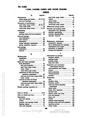 TM 9-883 
1-TON, 2-WHEEL CARGO AND WATER TRAILERS 
INDEX 
A Po«.No. 
steel body cargo trailer 43 
vehicle 3 
water trailer 43 
wheels and tires 67 
wood body cargo trailer 43 
Differences among models 3 
Drawbar and parking wheel 
description and operation 56 
drawbar assembling 59 
drawbar disassembling 56 
drawbar removal 56 
Explanatory publications 84 
automotive materiel 84 
list of publications for training.... 85 
maintenance and repair 84 
protection of materiel 84 
storage and shipment 85 
I 
Adjustments 
brake cables and brakes 54, 74, 78 
hub and bearings 71 
Allocation of maintenance 24 
steel body cargo trailer 25,26, 27 
water tank trailer 29 
wood body cargo trailer 27, 28 
Assembling 
drawbar 59 
parking wheel, fork and quadrant.. 60 
Axle and springs 
axle installation 82 
axle removal 80 
description 80 
spring assembly installation 82 
spring assembly removal 82 
Axle springs 
Generated on 2013-06-27 10:40 GMT / http://hdl.handle.net/2027/uc1.b3243775 
Public Domain, Google-digitized / http://www.hathitrust.org/access_use#pd-google 
installation 82 
removal . . , . ................... 82 
Backing plate 
installation 82 
removal 82 
Body and frame assembly 
body description 43 
rack and tarpaulin 43 
steel body cargo trailer 43 
water trailer 43 
wood body cargo trailer 43 
installation of body and frame 
assembly components 52 
steel and wood body cargo trailer 52 
water trailer 55 
removal of body and frame 
assembly components 48 
steel and wood body cargo trailer 48 
water trailer 50 
Brakes, parking, operation of 74 
Data on vehicle 9-12 
Data on wheels and tires 67 
Description 
axle and springs 80 
brakes 74 
drawbar and parking wheel 56 
lighting system 61 
rack and tarpaulin 43 
Information on controls 
blackout switch 13 
parking brake 13 
 