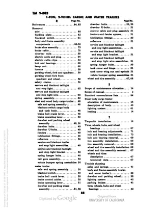 TM 9-883 
1-TON, 2-WHEEL CARGO AND WATER TRAILERS 
R Pag. No. 
References 84,85 
Removal 
axle 80 
backing plate 82 
blackout switch 61 
body and frame assembly 
components 48-50 
brake shoe assembly 75 
brake cable 78 
drawbar rails 59 
electric cable and plug 64 
electric cable clips 64 
hub and bearings 69 
lamp unit 66 
lunette 59 
parking wheel, fork and quadrant.. 59 
parking wheel fork from 
quadrant and wheel 59 
safety chains 56 
service and blackout taillight 
and stop light 65 
service and blackout taillight 
and stop light wire 65 
spring assembly 82 
steel and wood body cargo trailer.. 48 
axle and spring assembly 48 
blackout switch cargo body 
and tank body 48 
brake bell crank lever 48 
brake operating lever 50 
drawbar and parking wheel 
assembly 49,56 
drawbar bolts 49 
drawbar U-bolts 49 
fenders 49 
lubrication fittings 48 
Generated on 2013-06-27 10:39 GMT / http://hdl.handle.net/2027/uc1.b3243775 
Public Domain, Google-digitized / http://www.hathitrust.org/access_use#pd-google 
reflectors 50 
service and blackout trailer 
and stop light assemblies 49 
service and blackout taillight 
and stop light bracket 50 
spring hanger bolts 48 
tail gate assembly 50 
volute bumper spring assemblies 50 
water trailer 
axle and spring assembly 50 
blackout switch 50 
brake bell crank lever 50 
brake control cables 50 
brake operating lever 51 
drawbar and parking wheel 
assembly 51,56 
PflQ0 NO* 
drawbar bolts 51, 56 
drawbar U-bolts 51 
electric cable and plug assembly 51 
fenders and fender aprons 51 
lubrication fittings 50 
reflectors 51 
service and blackout taillight 
and stop light assemblies 51 
service and blackout taillight 
and stop light bracket 51 
service and blackout taillight 
and stop light wire assemblies. 51 
spring hanger bolts 50 
tank cover and hinge 51 
 