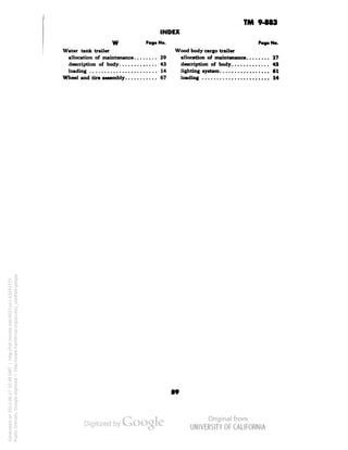 TM 9-M3 
INDEX 
W P«"9» No. Pag* No. 
Water tank trailer Wood body cargo trailer 
allocation of maintenance 29 allocation of maintenance 27 
description of body 43 description of body 43 
loading 14 lighting system 61 
Wheel and tire assembly 67 loading 14 
Generated on 2013-06-27 10:39 GMT / http://hdl.handle.net/2027/uc1.b3243775 
Public Domain, Google-digitized / http://www.hathitrust.org/access_use#pd-google 
