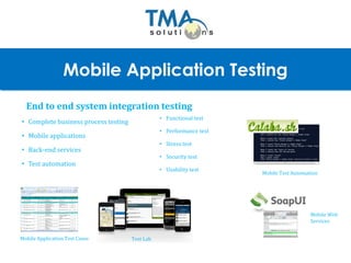 1
Mobile Application Testing
End to end system integration testing
• Complete business process testing
• Mobile applications
• Back-end services
• Test automation
Test LabMobile Application Test Cases
Mobile Web
Services
Mobile Test Automation
• Functional test
• Performance test
• Stress test
• Security test
• Usability test
 
