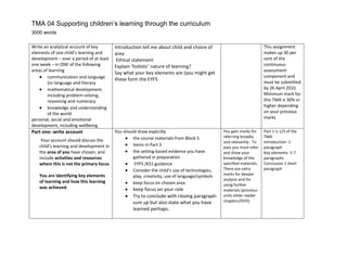 TMA 04 Supporting children’s learning through the curriculum <br />3000 words <br />Write an analytical account of key elements of one child’s learning and development – over a period of at least one week – in ONE of the following areas of learningcommunication and language (or language and literacymathematical development, including problem-solving, reasoning and numeracyknowledge and understanding of the worldpersonal, social and emotional development, including wellbeingIntroduction tell me about child and choice of area  Ethical statement Explain ‘holistic’ nature of learning? Say what your key elements are (you might get these form the EYFSThis assignment makes up 30 per cent of the continuous assessment component and must be submitted by 26 April 2010.Minimum mark for this TMA is 30% or higher depending on your previous marksPart one: write account Your account should discuss the child’s learning and development in the area of you have chosen, and include activities and resources where this is not the primary focusYou are identifying key elements of learning and how this learning was achieved.You should draw explicitlythe course materials-from Block 5 items in Part 3the setting-based evidence you have gathered in preparation  EYFS /KS1 guidance Consider the child’s use of technologies,  play, creativity, use of language/symbols keep focus on chosen areakeep focus on your roleTry to conclude with closing paragraph: sum up but also state what you have learned perhaps.You gain marks for referring broadly and relevantly.  To pass you must refer and show your knowledge of the specified materials.  There are extra marks for deeper analysis and for using further materials (previous units other reader chapters/DVD)Part 1 is 1/3 of the TMAIntroduction- 1 paragraphKey elements- 5-7 paragraphsConclusion 1 short paragraph<br />Part two : analysis and ways of supporting learning related to others identify the place of your chosen subject or area of learning in the curriculum your setting follows,  outline the implications of this both for the way you work with children and for the environment you plan and create. You will need to refer to planning for the subject as well as giving examples of the support you provide. You may wish to include evidence of both these things, as well as of your observations in one or more appendices An important element of the assignment will be your analysis of the way in which you work with colleagues and others as appropriate and, where possible, engage with your wider community, to support learningYour analysis should be supported by references to the course materials (including the readers) and to an annotated resource list (see below) which includes reference to official policies and related guidancePart three : annotated resource list : Select and annotate a range of items and sources to show how they support ideas and views you have expressed in Parts 1 and 2 of this TMA.to include your setting’s curriculum document, associated guidance and any key policy documentsThis TMA addresses learning outcomes KU1, KU5, KU6, CS1, CS2, CS3, KS1, KS2, PS1 and PS3.<br />