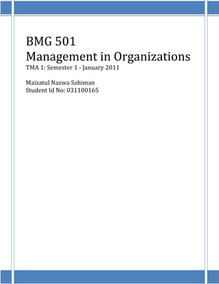 BMG 501
Management in Organizations
TMA 1: Semester 1 - January 2011

Maizatul Nazwa Sahiman
Student Id No: 031100165
 