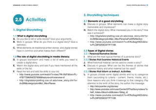 DIGITAL STORYTELLING MODULEADVANCED COURSE OF MEDIA LITERACY 25
Activities2.5
1. Digital Storytelling
1.1 What is digital storytelling
A.	 Do you like to tell or write stories? Give your arguments.
B.	 Work in groups: What do you think is a digital story? Give a
definition.
C.	 What elements do traditional written stories and digital stories
have in common and what makes them different?
1.2 The role of digital storytelling in media literacy.
D.	 In groups brainstorm and make a list of skills you need to
create a digital story.
E.	 Watch the digital story and see if you have mentioned all the
skills on the list.
F.	 Read the text and add the skills to your list.
•	 http://www.youtube.com/watch?v=bwc7lN-XbFI&list=PL-
47B77396AAEEF956&feature=c4-overview-vl
•	 http://digitalstorytelling.coe.uh.edu/view_story.cfm?vi-
d=299&categoryid=9&d_title=Places
2. Storytelling techniques
2.1 Elements of a good storytelling
G.	 Discuss in groups: What elements can make a digital story
memorable and impressive?
H.	 Watch the digital story. What impressed you in the story? How
was it achieved?
•	 http://digitalstorytelling.coe.uh.edu/view_story.cfm?vi-
d=395&categoryid=8&d_title=Personal%20Reflection
•	 http://www.youtube.com/watch?v=KfNJ6agH6Oc&lis-
t=PLC8F0259C977F715B
2.2 Types of Digital stories
2.2.1 Personal/Narrative Stories
I.	 What are the most typical themes of a personal story?
2.2.2 Stories that Examine Historical Events
J.	 What historical material can be used to create a story?
K.	 Discuss in groups: What can be the themes of stories that
examine history and what material can be used?
2.2.3 Stories that Inform or Instruct. Activities.
L.	 In groups choose some digital stories and try to categorize
them (according to criteria - content, theme, media, etc.).
Give reasons why you think it belongs to that category. Pay
attention to the lenth of the story, the author, the message.
•	 http://storycenter.org/stories/
•	 http://www.youtube.com/user/CenterOfTheStory/videos?s-
helf_index=5&sort=dd&view=1&tag_id
•	 http://www.youtube.com/watch?v=KfNJ6agH6Oc&lis-
t=PLC8F0259C977F715B
 