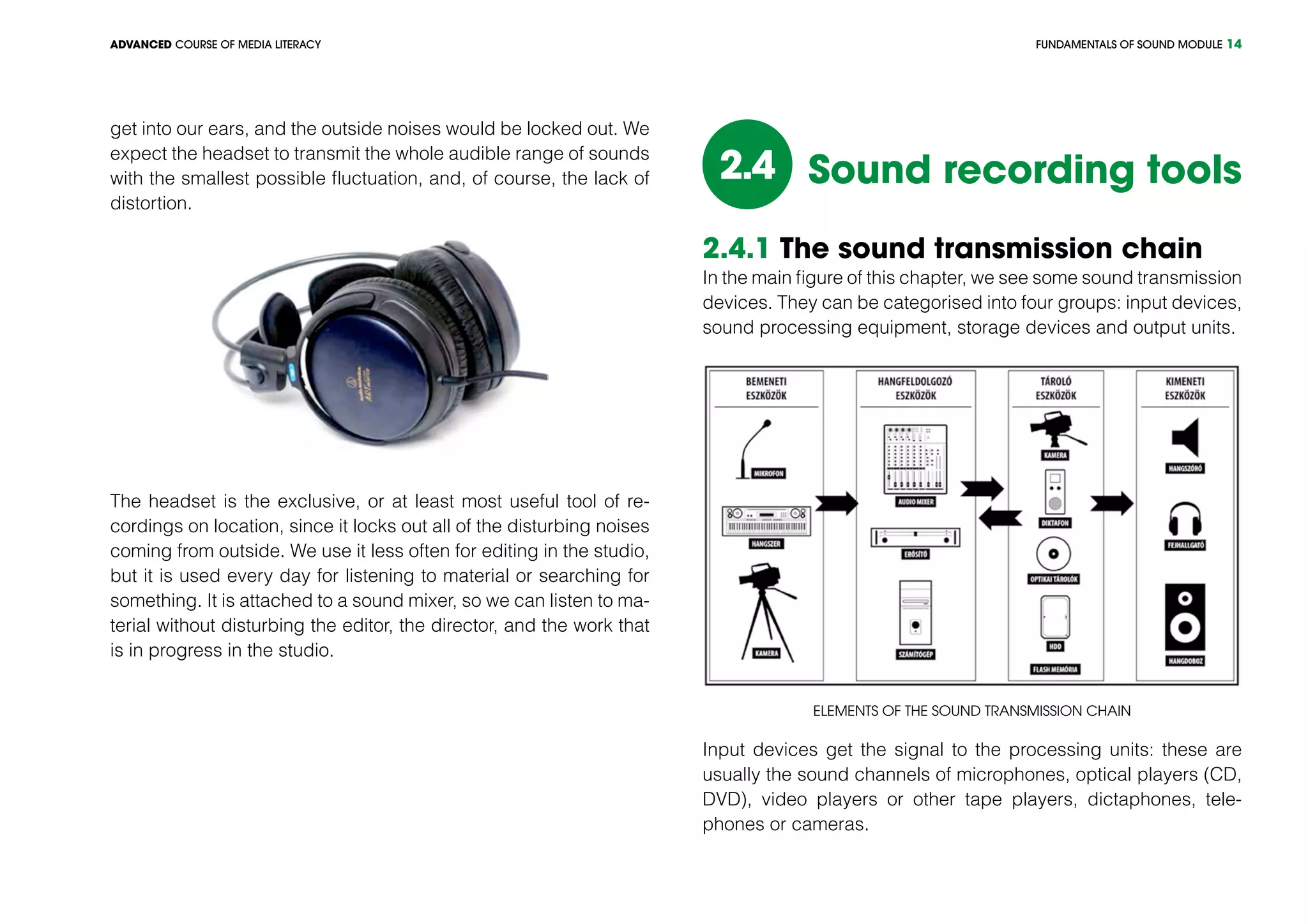 FUNDAMENTALS OF SOUND MODULEADVANCED COURSE OF MEDIA LITERACY 14
get into our ears, and the outside noises would be locked out. We
expect the headset to transmit the whole audible range of sounds
with the smallest possible fluctuation, and, of course, the lack of
distortion.
The headset is the exclusive, or at least most useful tool of re-
cordings on location, since it locks out all of the disturbing noises
coming from outside. We use it less often for editing in the studio,
but it is used every day for listening to material or searching for
something. It is attached to a sound mixer, so we can listen to ma-
terial without disturbing the editor, the director, and the work that
is in progress in the studio.
Sound recording tools2.4
2.4.1 The sound transmission chain
In the main figure of this chapter, we see some sound transmission
devices. They can be categorised into four groups: input devices,
sound processing equipment, storage devices and output units.
Elements of the sound transmission chain
Input devices get the signal to the processing units: these are
usually the sound channels of microphones, optical players (CD,
DVD), video players or other tape players, dictaphones, tele-
phones or cameras.
 