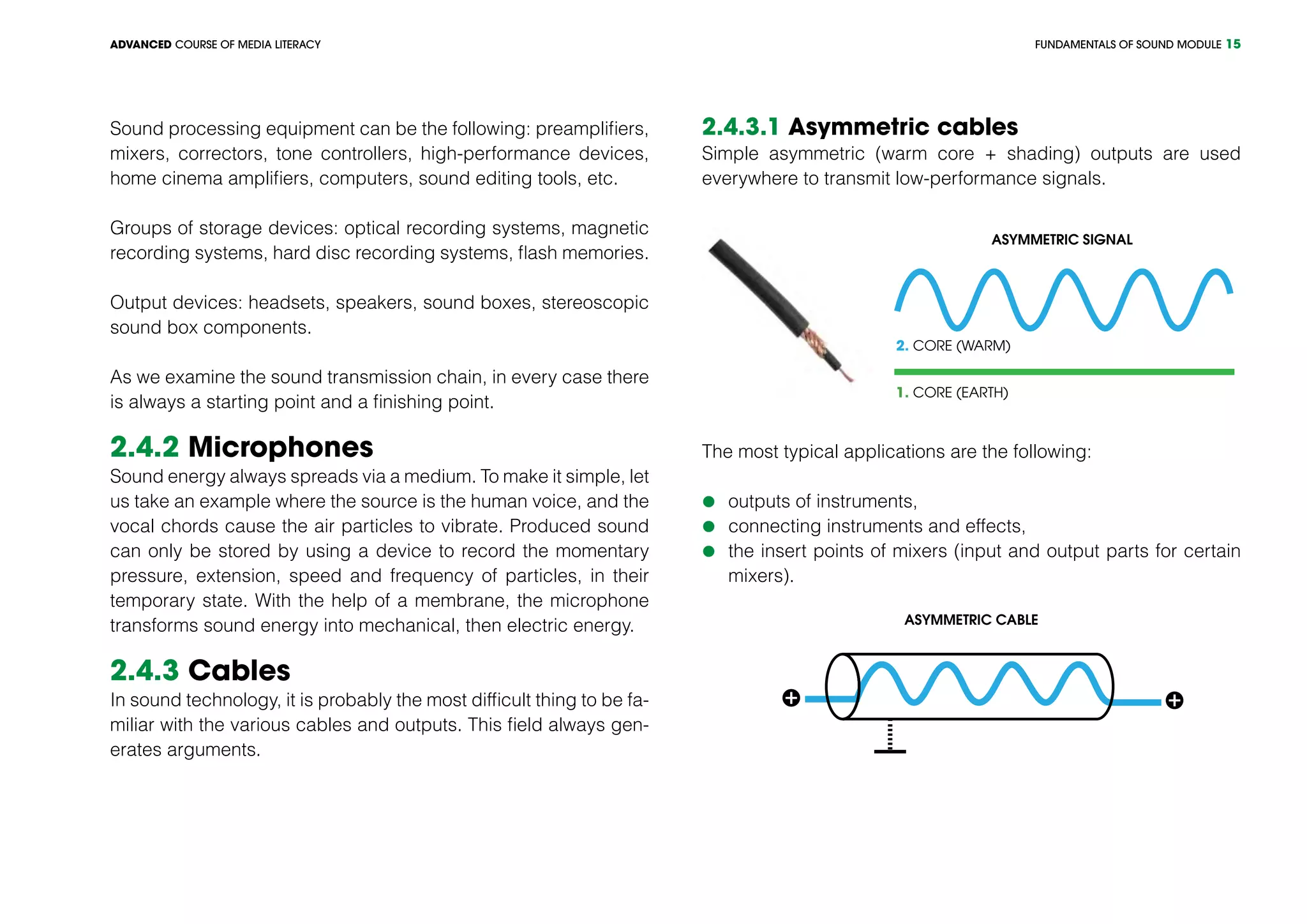 FUNDAMENTALS OF SOUND MODULEADVANCED COURSE OF MEDIA LITERACY 15
Sound processing equipment can be the following: preamplifiers,
mixers, correctors, tone controllers, high-performance devices,
home cinema amplifiers, computers, sound editing tools, etc.
Groups of storage devices: optical recording systems, magnetic
recording systems, hard disc recording systems, flash memories.
Output devices: headsets, speakers, sound boxes, stereoscopic
sound box components.
As we examine the sound transmission chain, in every case there
is always a starting point and a finishing point.
2.4.2 Microphones
Sound energy always spreads via a medium. To make it simple, let
us take an example where the source is the human voice, and the
vocal chords cause the air particles to vibrate. Produced sound
can only be stored by using a device to record the momentary
pressure, extension, speed and frequency of particles, in their
temporary state. With the help of a membrane, the microphone
transforms sound energy into mechanical, then electric energy.
2.4.3 Cables
In sound technology, it is probably the most difficult thing to be fa-
miliar with the various cables and outputs. This field always gen-
erates arguments.
2.4.3.1 Asymmetric cables
Simple asymmetric (warm core + shading) outputs are used
everywhere to transmit low-performance signals.
ASYMMETRIC SIGNAL
1. CORE (EARTH)
2. CORE (WARM)
The most typical applications are the following:
	outputs of instruments,
	connecting instruments and effects,
	the insert points of mixers (input and output parts for certain
mixers).
+ +
ASYMMETRIC CABLE
 