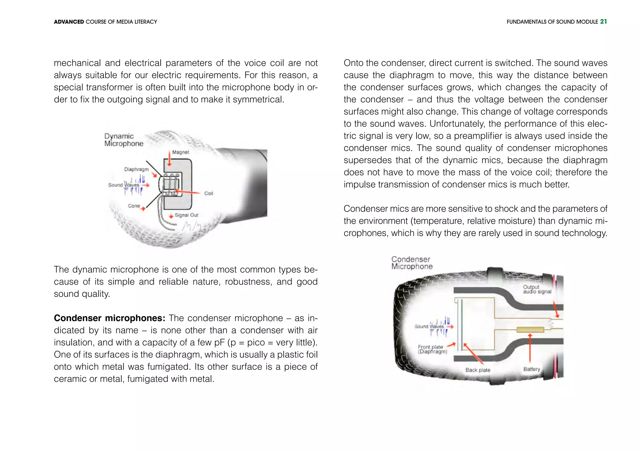 FUNDAMENTALS OF SOUND MODULEADVANCED COURSE OF MEDIA LITERACY 21
mechanical and electrical parameters of the voice coil are not
always suitable for our electric requirements. For this reason, a
special transformer is often built into the microphone body in or-
der to fix the outgoing signal and to make it symmetrical.
The dynamic microphone is one of the most common types be-
cause of its simple and reliable nature, robustness, and good
sound quality.
Condenser microphones: The condenser microphone – as in-
dicated by its name – is none other than a condenser with air
insulation, and with a capacity of a few pF (p = pico = very little).
One of its surfaces is the diaphragm, which is usually a plastic foil
onto which metal was fumigated. Its other surface is a piece of
ceramic or metal, fumigated with metal.
Onto the condenser, direct current is switched. The sound waves
cause the diaphragm to move, this way the distance between
the condenser surfaces grows, which changes the capacity of
the condenser – and thus the voltage between the condenser
surfaces might also change. This change of voltage corresponds
to the sound waves. Unfortunately, the performance of this elec-
tric signal is very low, so a preamplifier is always used inside the
condenser mics. The sound quality of condenser microphones
supersedes that of the dynamic mics, because the diaphragm
does not have to move the mass of the voice coil; therefore the
impulse transmission of condenser mics is much better.
Condenser mics are more sensitive to shock and the parameters of
the environment (temperature, relative moisture) than dynamic mi-
crophones, which is why they are rarely used in sound technology.
 