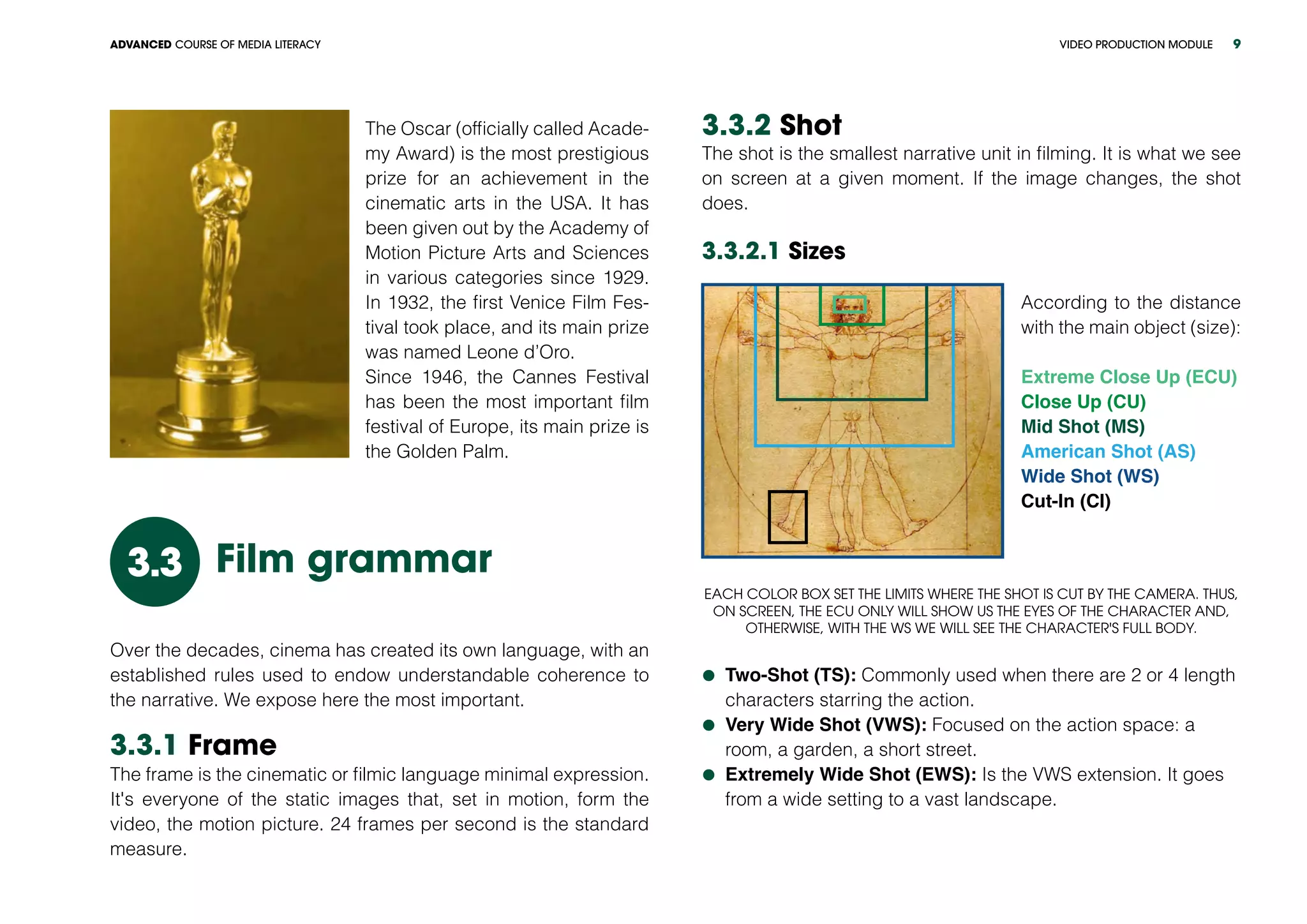 VIDEO PRODUCTION MODULEADVANCED COURSE OF MEDIA LITERACY 9
The Oscar (officially called Acade-
my Award) is the most prestigious
prize for an achievement in the
cinematic arts in the USA. It has
been given out by the Academy of
Motion Picture Arts and Sciences
in various categories since 1929.
In 1932, the first Venice Film Fes-
tival took place, and its main prize
was named Leone d’Oro.
Since 1946, the Cannes Festival
has been the most important film
festival of Europe, its main prize is
the Golden Palm.
Film grammar3.3
Over the decades, cinema has created its own language, with an
established rules used to endow understandable coherence to
the narrative. We expose here the most important.
3.3.1 Frame
The frame is the cinematic or filmic language minimal expression.
It's everyone of the static images that, set in motion, form the
video, the motion picture. 24 frames per second is the standard
measure.
3.3.2 Shot
The shot is the smallest narrative unit in filming. It is what we see
on screen at a given moment. If the image changes, the shot
does.
3.3.2.1 Sizes
According to the distance
with the main object (size):
Extreme Close Up (ECU)
Close Up (CU)
Mid Shot (MS)
American Shot (AS)
Wide Shot (WS)
Cut-In (CI)
Each color box set the limits where the shot is cut by the camera. Thus,
on screen, the ECU only will show us the eyes of the character and,
otherwise, with the WS we will see the character's full body.
	Two-Shot (TS): Commonly used when there are 2 or 4 length
characters starring the action.
	Very Wide Shot (VWS): Focused on the action space: a
room, a garden, a short street.
	Extremely Wide Shot (EWS): Is the VWS extension. It goes
from a wide setting to a vast landscape.
 