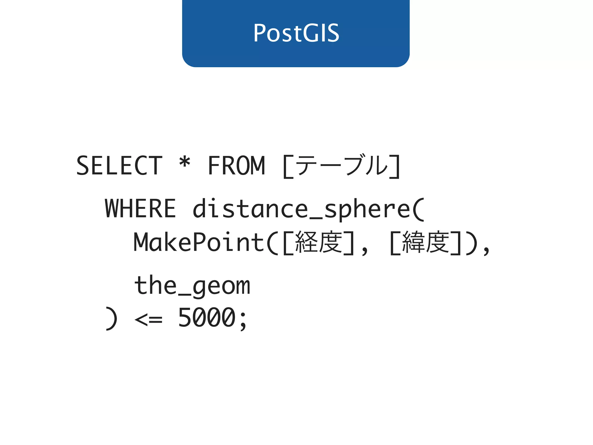 PostGIS




SELECT * FROM [          ]
  WHERE distance_sphere(
    MakePoint([   ], [       ]),
    the_geom
  ) <= 5000;
 