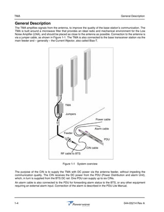 TMA                                                                                     General Description

General Description
The TMA amplifies signals from the antenna, to improve the quality of the base station’s communication. The
TMA is built around a microwave filter that provides an ideal radio and mechanical environment for the Low
Noise Amplifer (LNA), and should be placed as close to the antenna as possible. Connection to the antenna is
via a jumper cable, as shown in Figure 1-1. The TMA is also connected to the base transceiver station via the
main feeder and – generally – the Current INjector, also called Bias-T.




                                          TMA


                                          Jumpers

                                                                   Power cable


                                                                  Alarm cable
                                         Feeder

                                                                          PDU


                                                           CIN cable

                                      RF cable to BTS


                                       Figure 1-1 System overview


The purpose of the CIN is to supply the TMA with DC power via the antenna feeder, without impeding the
communication quality. The CIN receives the DC power from the PDU (Power Distribution and alarm Unit),
which, in turn is supplied from the BTS DC rail. One PDU can supply up to six CINs.
An alarm cable is also connected to the PDU for forwarding alarm status to the BTS, or any other equipment
requiring an external alarm input. Connection of the alarm is described in the PDU Lite Manual.




1-4                                                                                        044-05214 Rev A
 