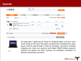 Appendix

the page does a good job by listing all shopping details and ever more
nicely sitting on the top of the page, a progress bar indicating the 4 steps
buyers need to walk through in order to complete a purchase: Checking
shopping cart, check out, payment with Alipay (TMall’s default payment
method, but options for other methods are available), verification of
delivery and leaving a comment.

 