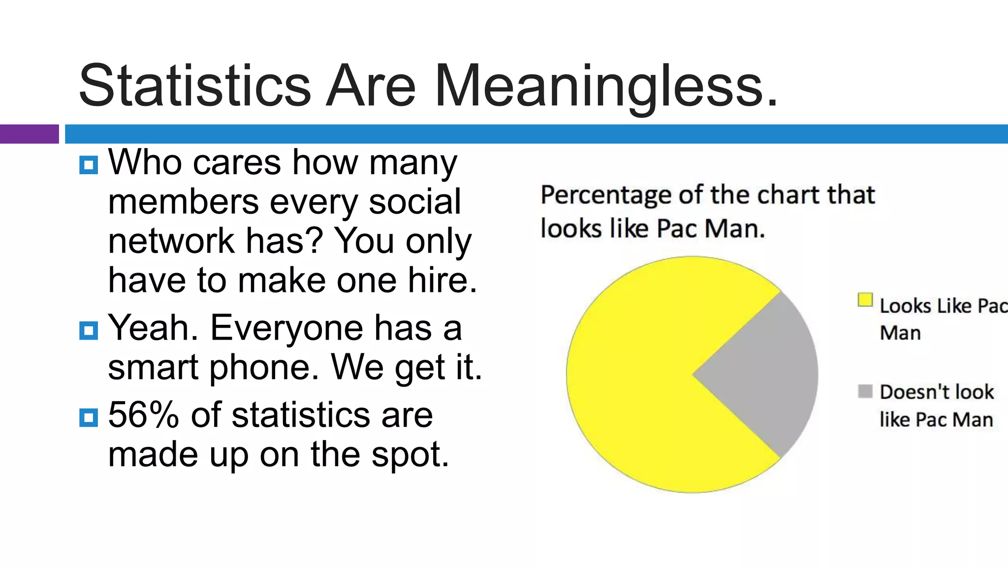 Statistics Are Meaningless.
 Who cares how many
members every social
network has? You only
have to make one hire.
 Yeah. Everyone has a
smart phone. We get it.
 56% of statistics are
made up on the spot.
 