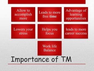 Importance of TM
Allow to
accomplish
more
Leads to more
free time
Advantage of
learning
opportunities
Lowers your
stress
Helps you
focus
leads to more
career success
Work life
Balance
 