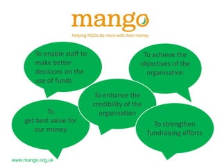 To be accountable
to the people who
give us money

www.mango.org.uk

To be
accountable to
the communities
we work with

 