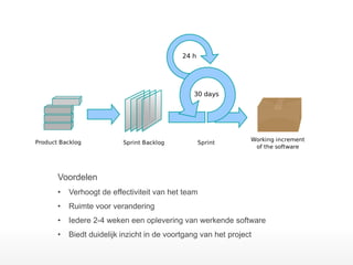 Voordelen 
•Verhoogt de effectiviteit van het team 
•Ruimte voor verandering 
•Iedere 2-4 weken een oplevering van werkende software 
•Biedt duidelijk inzicht in de voortgang van het project  