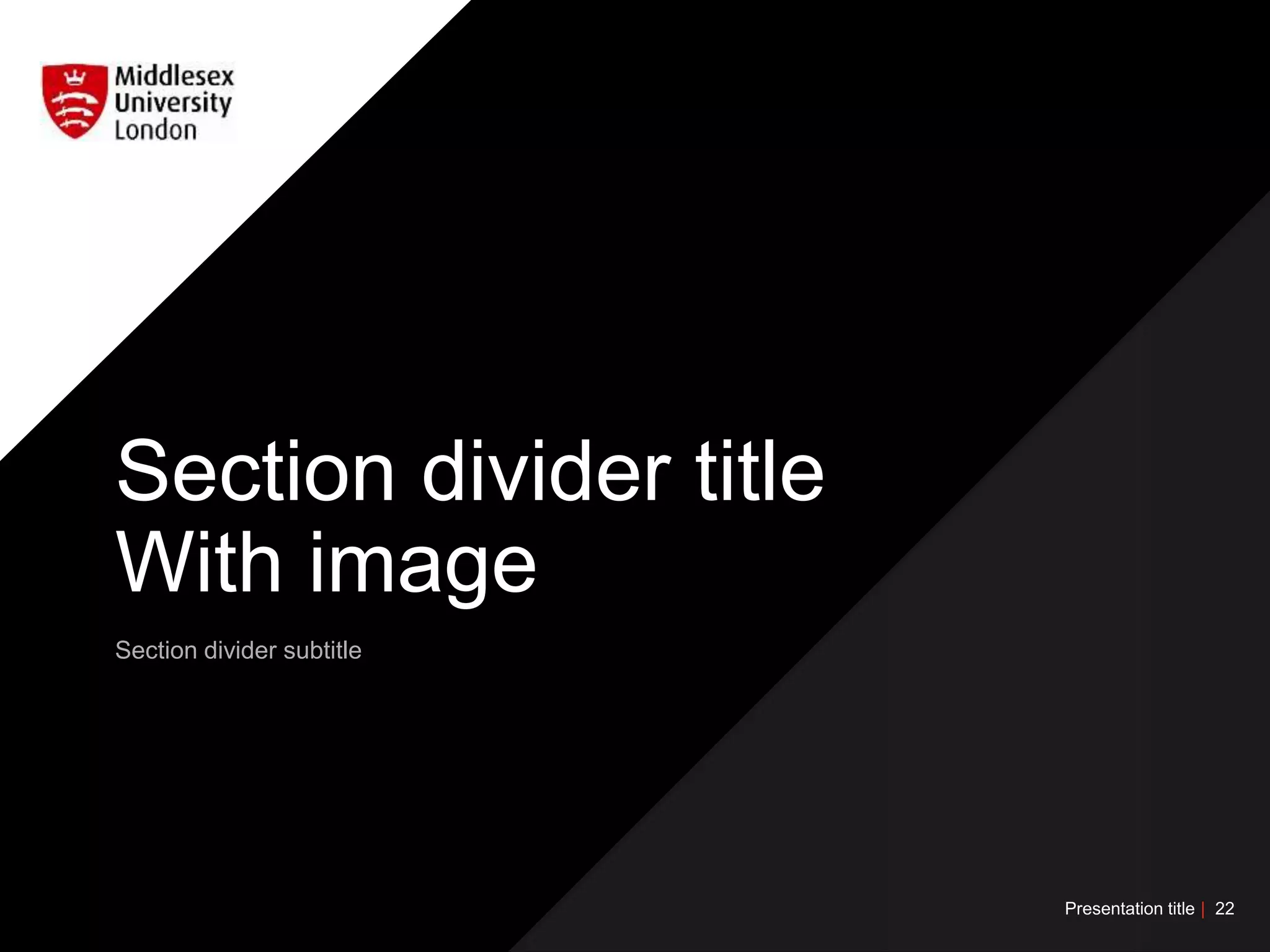 Section divider subtitle
Section divider title
With image
Presentation title | 22
 