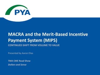 Presented by Aaron Elias
TMA CME Road Show
Dollars and Sense
CONTINUED SHIFT FROM VOLUME TO VALUE
MACRA and the Merit-Based Incentive
Payment System (MIPS)
 