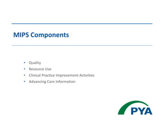 • Quality
• Resource Use
• Clinical Practice Improvement Activities
• Advancing Care Information
MIPS Components
 