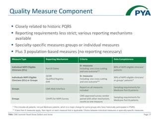 TMA: CME Summer Road Show Dollars and Sense Page 17
Quality Measure Component
 Closely related to historic PQRS
 Reporting requirements less strict; various reporting mechanisms
available
 Specialty-specific measures groups or individual measures
 Plus 3 population-based measures (no reporting necessary)
Measure Type Reporting Mechanism Criteria Data Completeness
Individual MIPS Eligible
Clinicians (ECs)
Part B Claims
6+ measures
Including: one cross-cutting
and one outcome**
80% of MIPS eligible clinicians’
patients
Individuals MIPS Eligible
Clinicians (ECs) or Groups
QCDR
Qualified Registry
EHR
6+ measures
Including: one cross-cutting
and one outcome**
90% of MIPS eligible clinicians’
or groups’ patients*
Groups CMS Web Interface
Report on all measures
included
Sampling requirements for
Medicare Part B patients
Groups CAHPS for MIPS Survey
CMS-approved survey vendor
paired with other mechanism,
counts as one measure
Sampling requirements for
Medicare Part B patients
* This includes all patients, not just Medicare patients, which is a major change for some groups who have historically participated in PQRS.
** If less than 6 measures apply, then report on each measure that is applicable. Choice between individual measures or specialty-specific measures.
 