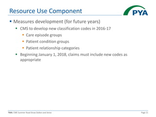 TMA: CME Summer Road Show Dollars and Sense Page 21
Resource Use Component
 Measures development (for future years)
 CMS to develop new classification codes in 2016-17
 Care episode groups
 Patient condition groups
 Patient relationship categories
 Beginning January 1, 2018, claims must include new codes as
appropriate
 