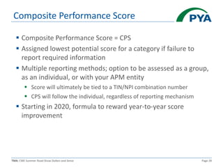 TMA: CME Summer Road Show Dollars and Sense Page 28
Composite Performance Score
 Composite Performance Score = CPS
 Assigned lowest potential score for a category if failure to
report required information
 Multiple reporting methods; option to be assessed as a group,
as an individual, or with your APM entity
 Score will ultimately be tied to a TIN/NPI combination number
 CPS will follow the individual, regardless of reporting mechanism
 Starting in 2020, formula to reward year-to-year score
improvement
 