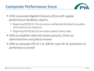 TMA: CME Summer Road Show Dollars and Sense Page 29
Composite Performance Score
 CMS to provide Eligible Clinicians (ECs) with regular
performance feedback reports
 Beginning 07/01/17, ECs to receive confidential feedback on quality
and resource use measures
 Beginning 07/01/18, ECs to receive patient claims data
 CMS to establish informal review process; limits on
administrative and judicial review
 CMS to calculate CPS of 1 to 100 for each EP at conclusion of
performance period
 