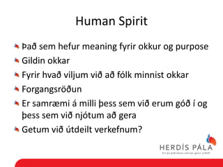 Human Spirit
Það sem hefur meaning fyrir okkur og purpose
Gildin okkar
Fyrir hvað viljum við að fólk minnist okkar
Forgangsröðun
Er samræmi á milli þess sem við erum góð í og
þess sem við njótum að gera
Getum við útdeilt verkefnum?
 