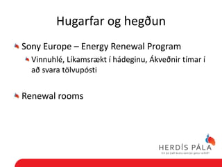 Hugarfar og hegðun
Sony Europe – Energy Renewal Program
  Vinnuhlé, Líkamsrækt í hádeginu, Ákveðnir tímar í
  að svara tölvupósti


Renewal rooms
 