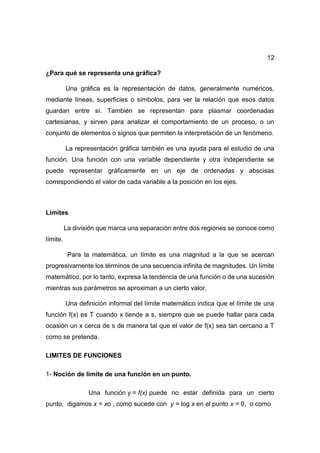 12
¿Para qué se representa una gráfica?
Una gráfica es la representación de datos, generalmente numéricos,
mediante líneas, superficies o símbolos, para ver la relación que esos datos
guardan entre sí. También se representan para plasmar coordenadas
cartesianas, y sirven para analizar el comportamiento de un proceso, o un
conjunto de elementos o signos que permiten la interpretación de un fenómeno.
La representación gráfica también es una ayuda para el estudio de una
función. Una función con una variable dependiente y otra independiente se
puede representar gráficamente en un eje de ordenadas y abscisas
correspondiendo el valor de cada variable a la posición en los ejes.
Limites
La división que marca una separación entre dos regiones se conoce como
límite.
Para la matemática, un límite es una magnitud a la que se acercan
progresivamente los términos de una secuencia infinita de magnitudes. Un límite
matemático, por lo tanto, expresa la tendencia de una función o de una sucesión
mientras sus parámetros se aproximan a un cierto valor.
Una definición informal del límite matemático indica que el límite de una
función f(x) es T cuando x tiende a s, siempre que se puede hallar para cada
ocasión un x cerca de s de manera tal que el valor de f(x) sea tan cercano a T
como se pretenda.
LIMITES DE FUNCIONES
1- Noción de límite de una función en un punto.
Una función y = f(x) puede no estar definida para un cierto
punto, digamos x = xo , como sucede con y = log x en el punto x = 0, o como
 