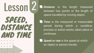 Lesson 2
SPEED,
DISTANCE
AND TIME
Distance is the length measured
between two points or the length of
space travelled by moving object.
Time is the measured or measurable
period during which a condition,
process or action exists, takes place or
continues.
Speed or rate is the speed at which
an object or person travels.
 