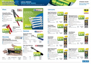 3
ToolsMaintenanceHelping YOU get the job done
Local Service
0845 006 6000
Offers subject to availability and while stocks last. ERIKS terms and conditions apply.
Offer terminates on 31st October 2013. All errors and omissions excepted.
Opening Hours
Mon–Fri 8.30am–5.30pm
Sat 8.30am–12pm
2
Ratchets
Wrenches
Pliers Lubricants
Expert Pear Head
Ratchets	
■■ ISO 3315 – DIN 3122	
■■ 72 tooth mechanism	
■■ 5° increment	
■■ Socket safety lock	
■■ Lever reverse: rotation direction displayed	
5pc Double Ring
Ratchet Wrench Set	
■■ OGV®
profile maximising the contact surface
with the nut for a longer lifetime	
■■ ISO 691 – ISO 1711-1
■■ 5° increment	
■■ Set contains:
8x10, 10x11,
12x13, 14x15,
17x19mm
While stocks last
VDE Ergomulti
Pliers	
■■ Strips 1.5 and 2.5mm cable
■■ 200mm
■■ Handles insulated up to 1000V
While stocks last
Fast Acting
Degreaser
■■ Cleans equipment to make it
run smoother and last longer
■■ Works immediately on contact
■■ Easy to rinse and leaves no residue
■■ Cleans away oil, grease, dirt and grime
■■ Can be used on a variety of surfaces,
including metal
High Performance
Dry PTFE Lubricant
■■ Withstands temperatures of
–45°C to +260°C
■■ Ideal to be used on metals,
plastic and glass
■■ Enhanced lubrication and protection
■■ Produces a clear dry film that resists dirt,
dust and oil
■■ Reduces friction and wear
■■ Advanced formulation works as an effective mould
release agentFast Drying
Contact Cleaner
■■ Fast-active non-conductive
cleaner
■■ Perfect for cleaning electrical
equipment, contacts, plastic and rubber
■■ Penetrates quickly and leaves no residue
■■ Penetrates in those hard to reach areas
Part No.	Size	 Price Each
WD40-SPECIAL SIL-OFFER	 400ml	 £5.00
Part No.	 Drive	Length mm	 Price Each
W14A-14841	1/4	 140	 £9.95
W14A-14895	3/8	 199	 £11.95
While stocks last
W14A-14491
W10F-10213
Part No.	Size	 Price Each
WD40-SPECIAL CC-OFFER	 400ml	 £4.40
Part No.	Size	 Price Each
WD40-SPECIAL DRY-OFFER	 400ml	 £5.10
Part No.	Size	 Price Each
WD40-SPECIAL DG-OFFER	 500ml	 £4.80
Fast Release
Penetrant
■■ Withstands temperatures of
–20°C to +90°C
■■ Quickly penetrates rusted
and corroded parts
■■ Loosens seized fixings
■■ Lubricates and prevents rust and corrosion
■■ Highly water resistant
■■ Very low surface tension to penetrate rust
■■ Safe on metals, alloys, rubber, plastics
and most paints
High Performance
PTFE Lubricant
■■ Withstands temperatures
of –20°C to +100°C
■■ For the use of metals, glass, vinyl,
rubber and plastic
■■ Extends life of tools and equipment
■■ Reduces friction and wear
■■ Long lasting formula provides superior lubrication
Part No.	Size	 Price Each
WD40-SPECIAL HP-OFFER	 400ml	 £5.10
Part No.	Size	 Price Each
WD40-SPECIAL PEN-OFFER	 400ml	 £4.80
High Performance
White Lithium
Grease
■■ Withstands temperatures of
–18°C to +145°C
■■ For use on metal to metal connections
■■ Water and heat resistant lubricant
■■ Long lasting protection against rust and corrosion
■■ Ideal for load bearing application
■■ High viscosity lubricant
Part No.	Size	 Price Each
WD40-SPECIAL LG-OFFER	 400ml	 £4.80
ONLY
.95
EACH£53
ClassicPlus Wide
Jaw Waterpump Plier
■■ 50mm jaw capacity
■■ Dual toothed serrated jaws
for a firm grip
■■ 240mm
■■ Handles are designed to prevent
trapping of fingers
■■ Ergonomically designed handles
While stocks last
W10F-10159
ONLY
.95
EACH£12
Pear Head Ratchets	
■■ 5° Increment	
■■ Dustproof,
maintenance-free
mechanisim	
■■ Lightweight body	
■■ Hook for working at height	
■■ Ergonomic comfort free handle
While stocks last		
Part No.	 Drive	Length mm	 Price Each
W31A-62756	1/4	 140	 £12.95
W31A-62753	3/8	 199	 £14.95
W31A-62757	1/2	 250	 £16.95
ONLY
.00
EACH£31
SWO Super Wide
Opening Adjustable Wrenches
■■ Wider opening than standard wrenches of a similar size	
■■ 15° angle head, phosphate finish
■■ Non-protruding jaw shank for greater accessibility in tight spaces
While stocks last
Part No.	Length	 Jaw Capacity (mm)	 Price Each
W07F-10141	6/176mm	 34	 £13.95
W07F-10143	8/216mm	 39	 £15.45
from
.95
EACH£13
from
.95
EACH£12
FROM
.95
EACH£9
only
.40
EACH£4
only
.10
EACH£5
only
.10
EACH£5
only
.80
EACH£4
only
.80
EACH£4
only
.80
EACH£4
High Performance
Silicone Lubricant
■■ Withstands temperatures of
–35°C to +200°C
■■ Excellent lubrication on plastics,
rubber, wood and metal
■■ Formulated for improved high pressure performance
■■ Waterproofs and protects against moisture
■■ Prevents rust and corrosion
■■ Eliminates sticking
only
.00
EACH£5
 