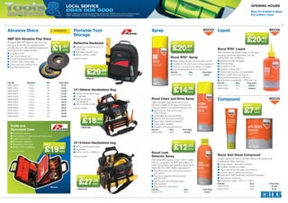 5
ToolsMaintenanceHelping YOU get the job done
Local Service
0845 006 6000
Offers subject to availability and while stocks last. ERIKS terms and conditions apply.
Offer terminates on 31st October 2013. All errors and omissions excepted.
Opening Hours
Mon–Fri 8.30am–5.30pm
Sat 8.30am–12pm
4
only
.61
EACH£20
FROM
.43
EACH£20
only
.96
EACH£14
only
.51
EACH£12
FROM
.97
EACH£7
Abrasive Discs Portable Tool
Storage
SMT 624 Abrasive Flap Discs
Klingspor SMT 624 abrasive flap discs can
last up to 4x the life of a standard metal
grinding disc and offer additional application,
performance and safety benefits.
■■ Long service life		
■■ High stock removal rate
■■ Excellent price-performance ratio	
■■ Constant stock removal rate
■■ Lower noise and vibration levels
■■ Improved surface finish				
				
Tools and
Document Case
■■ Reinforced material 	
■■ Inner pockets for tools CDs and floppy discs	
■■ Large outer pockets	
■■ Removable clipboard	
■■ Elasticated inner straps	
■■ W380 x D60 x H282mm
Tools not included	
PNO554T
Tools not included
Tools not included
Tools not included
16/410mm Hardbottom bag
■■ Strong, welded plastic base	
■■ 25 pockets	
■■ W410 x D240 x H260 mm	
12/300mm Hardbottom Bag
■■ Strong, welded plastic base	
■■ 17 pockets	
■■ Ideal for carrying
test equipment	
■■ W310 x D190 x H240	
Reflective Rucksack
■■ Padded and reinforced back for
bulky tools	
■■ Adjustable shoulder strap	
■■ W345 x D200 x H400	
PNO542T
PNO513002
PNO513000
Part No.	 Diameter	Grit	 Price Each
W89F-50018	100mm	 40	 £1.57
W89F-50019	100mm	 60	 £1.57
W89F-50020	115mm	 40	 £1.85
W89F-50021	115mm	 60	 £1.85
W89F-50022	115mm	 80	 £1.85
W89F-50023	115mm	 120	 £1.85
W89F-50024	125mm	 40	 £2.07
W89F-50025	125mm	 60	 £2.07
W89F-50026	125mm	 80	 £2.07
W89F-50027	125mm	 120	 £2.07
W89F-50028	180mm	 40	 £4.25
W89F-50029	180mm	 60	 £4.25
FROM
.57
EACH£1
only
.95
EACH£29
only
.25
EACH£27
only
.95
EACH£18
Rocol Chain and Drive Spray
Highly versatile, high performance chain
lubricant suitable for all types of drives and
conveyor chains in a convenient aerosol can.
■■ Multi-purpose drive and conveyor
chain lubricant
■■ Unbeatable corrosion protection
■■ Ideal for wet and humid conditions
■■ Good water displacing properties
■■ Highly water repellant
■■ Excellent anti-wear performance
Part No.	Size	 Price Each
W63A-27902	300ml	 £14.96
Rocol RTD®
Liquid
RTD has been the market leader for 60 years.
However severe the application, you can
specify RTD with confidence.
■■ Minimise tool/tap breakages
■■ Reduced scrap
■■ Increased tool life
■■ Excellent surface finish
■■ Dimensional accuracy and repeatablity
■■ Allows greater feeds and speeds
■■ Increase productivity and efficiency
■■ Multi-metal compatability – RTD does it all
Part No.	Size	 Price Each
W63A-27961	400g	 £20.43
W63A-27962	5L	 £168.22
Rocol RTD®
Spray
■■ Metal cutting lubricant which doubles tool life
■■ Suitable for the most severe cutting operations
■■ Ideal for use where accessibility is a problem
■■ Can be applied directly to moving tools
Part No.	Size	 Price Each
W63A-27964	400ml	 £20.61
Rocol Leak
Detector Spray
The VOSA MOT special notice 1-2011 states
that it is compulsory for MOT test stations to
stock ‘a proprietary leak detection spray which
meets BS EN 14291:2004 requirements’.
■■ Suitable for use with most positive pressure
gas systems
■■ For use on pipework carrying natural
gas and LPG
■■ Safe for use with refrigerant gases
■■ Non-corrosive
■■ Meets BS EN 14291:2004
Part No.	Size	 Price Each
W63A-27775	300ml	£12.51
Rocol Anti-Seize Compound
Copper based anti-seize to prevent seizure and galling of all
threaded and static fasteners.
■■ Copper based – lead free formulation
■■ Excellent resistance to water
■■ Highly resistant to salt water environments
■■ Prevents seizure, galling and corrosion
■■ Approved to RAF, Royal Navy and NATO standards
■■ Approved for submarine
■■ Temperature range –10°C to +1100°C
Part No.	Size	 Price Each
W63A-27732	500g	£16.99
W63A-27734	85g	£7.97
Spray Liquid
Compound
only
.95
EACH£19
 