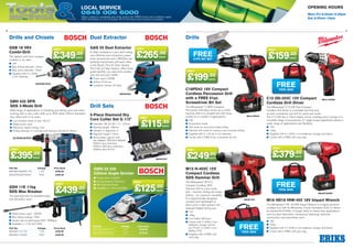 9
ToolsMaintenanceHelping YOU get the job done
Local Service
0845 006 6000
Offers subject to availability and while stocks last. ERIKS terms and conditions apply.
Offer terminates on 31st October 2013. All errors and omissions excepted.
Opening Hours
Mon–Fri 8.30am–5.30pm
Sat 8.30am–12pm
8
Drill Sets
C18PD42 18V Compact
Cordless Percussion Drill
with a FREE 61pc
Screwdriver Bit Set
The Milwaukee®
C18PD Compact
Percussion Drill (also known as a combi
hammer drill) is a versatile tool with three
modes for a number of applications.
■■ 18V
■■ Screwdriver mode
■■ Drill mode for wood and metal drilling
■■ Hammer drill mode for masonry and concrete drilling
■■ Supplied with 2 x 4.0 ah Li-Ion batteries
■■ Comes with a FREE 61pc screwdriver bit set
GAS 25 Dust Extractor
A clean workplace is your best calling
card. Wet/dry dust extractors, power
tools, accessories and L-BOXXes are
perfectly harmonised with each other
in the Bosch Click  Clean System.
The Click  Clean System offers three
great benefits: you save time, protect
your tool and your health.
■■ Power input:1,200W	
■■ Airflow: 61ltr/sec	
■■ Container volume: 25 litres	
5-Piece Diamond Dry
Core Cutter Set G 1/2
■■ Diameter: 38, 52, 65, 117, 127mm
■■ Working length: 150mm
■■ Number of segments: 4
■■ Segment height: 7.0mm
■■ Set contains: ejector drift,
hex adapter, SDS-plus adapter,
240mm hex extension,
240mm SDS-plus extension,
200mm pilot drill bit
GSB 18 VE4
Combi-Drill
The lightest and most compact
cordless in its class
■■ 18V
■■ Max drilling diameter: 16mm
■■ Max screw diameter: 10mm
■■ Supplied with 3 x 4.0Ah
Li-Ion batteries
GWS 22 230
230mm Angle Grinder
■■ Power input: 2,200W
■■ No load speed: 6,500rpm
■■ M14 Spindle thread
■■ Available in 110V and 240V
M12 H-402C 12V
Compact Cordless
SDS Hammer Drill
The Milwaukee®
M12 H
Compact Cordless SDS
Hammer Drill is a two mode
drill – hammer drilling and rotary
drilling – for maximum versatility.
It is ergonomically designed,
compact and lightweight to
allow work in tight spaces with
reduced fatigue during use.
■■ 12V
■■ 1.8kg
■■ Tool holder SDS plus
■■ Comes with 2 4.0Ah Li-Ion
batteries, charger and kit
box PLUS 1x 2.0Ah Li-Ion
Battery FOC
■■ Supplied with a FREE soft
carry bag
M18 HD18 HIW-402 18V Impact Wrench
The Milwaukee®
HD 18 HIW Impact Wrench is a highly powerful
cordless tool, with its Milwaukee 4-pole frameless motor to deliver
an impressive 610Nm of torque. Ideal for heavy-duty applications
such as steel fabrication, mechanical fastening, industrial
construction and automotive work.
■■ 18V
■■ 3.0kg
■■ Supplied with 3 x 4.0Ah Li-Ion batteries, charger and kitbox
■■ Comes with a FREE soft carry bag
C12 DD-202C 12V Compact
Cordless Drill Driver
The Milwaukee®
C12 DD Fuel Compact
Cordless Drill Driver is a versatile tool that acts
as both screwdriver and drill for wood and metal.
The C12 DD has a 10mm sleeve chuck, enabling quick change of a
complete range of accessories. 21 stage torque adjustment allows a
wider range of applications and flexibility.
■■ 12V
■■ 1.2kg
■■ Supplied with 3 x 2.0Ah Li-Ion batteries, charger and kitbox
■■ Comes with a FREE soft carry bag
only
.00
EACH£199
only
.00
EACH£249
only
.00
EACH£379
only
.00
EACH£265
only
.95
EACH£115
only
.00
EACH£349
only
.00
EACH£159
MILC12CDD2
MILHD18HIW4
DrillsDrills and Chisels Dust Extractor
FREE61pc Bit set
FREETOOL Bag
FREETOOL Bag
FREETOOL Bag
MILM12H4
MILC18PD42
BSHGAS25
BSH587007
BSHGSB18VE4
Part No.	 Voltage	 Price Each
BSHGWS22230110V	110V	 £125.00
BSHGWS22230240V	240V	 £125.00
Part No.	 Voltage	 Price Each
BSHGSH11E110V	110V	£439.00
BSHGSH11E240V	240V	£439.00
Part No.	 Voltage	 Price Each
BSHGBH432DFR110V	110V	 £395.00
BSHGFR432DFR240V	240V	 £395.00
GSH 11E 11kg
SDS Max Breaker
The specialist tool for breakthroughs
and demolition work.
■■ Rated power input: 1,500W
■■ Max impact energy: 16.8J
■■ Impact rate at rated speed 900–1890bpm
■■ Available in 110V and 240V
GBH 432 DFR
SDS 3-Mode Drill
Wide range of applications in chiselling and drilling work and when
working with a core cutter drills up to 30% faster (25mm diameter)
than other tools in its class.
■■ Low vibration levels of only 10m/s²
■■ Rated power input
■■ Maximum impact energy: 4.2J
■■ Drilling diameter in concrete with hammer drill bits 6–32mm
only
.00
EACH£125
only
.00
EACH£439
only
.00
EACH£395
 