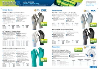 15
ToolsMaintenanceHelping YOU get the job done
Local Service
0845 006 6000
Offers subject to availability and while stocks last. ERIKS terms and conditions apply.
Offer terminates on 31st October 2013. All errors and omissions excepted.
Opening Hours
Mon–Fri 8.30am–5.30pm
Sat 8.30am–12pm
14
Only
.68
EACH£7
RX®
Dyneema Safe3 Cut Resistant Gloves
Seamless knitted Dyneema®
glove with polyurethane coating.
■■ Comfort –The seamless construction
provides an exceptional level of comfort,
whilst the open back style allows
excellent breathability
■■ Strength –This lightweight glove with
Dyneema provides excellent resistance
to cut, abrasion and tear
■■ Dexterity –The glove has been
designed to be tight fitting to give
maximum dexterity for the most tactile
of operations
■■ Knitted wrist – Elasticated, for a snug
fit. The knitted wrist is extra long for
optimal wrist protection
■■ Applications – Component
handling, assembly, electronics
and cutting activities
■■ Colour – Grey
■■ Sold in packs of 12 pairs
RX®
Top-Flex PU Precision Gloves
Seamless knitted nylon glove with polyurethane coating.
■■ Comfort –The seamless construction
provides an exceptional level of comfort,
whilst the open back style allows
excellent breathability
■■ Dexterity –The glove has been
designed to be tight fitting to give
maximum dexterity for the most tactile
of operations
■■ Knitted wrist – Elasticated for
a snug fit
■■ Applications – Component
handling, assembly, electronics
and light engineering
■■ Colour – Available in black or white
■■ Sold in packs of 12 pairs
Safety Gloves
Part No.	Size	 Price Each
W93L-50057	6	 £7.68
W93L-50059	7	 £7.68
W93L-50058	8	 £7.68
Part No.	Size	 Price Each
W93L-50056	9	 £7.68
W93L-50055	10	 £7.68
Part No.	Size	Colour	 Price Each
W93L-50048	6	 Black	 £1.34
W93L-50051	7	 Black	 £1.34
W93L-50053	8	 Black	 £1.34
W93L-50054	9	 Black	 £1.34
W93L-50047	10	 Black	 £1.34
Part No.	Size	Colour	 Price Each
W93L-50049	6	 White	 £1.34
W93L-50046	7	 White	 £1.34
W93L-50050	8	 White	 £1.34
W93L-50052	9	 White	 £1.34
W93L-50044	10	 White	 £1.34
POSITIVE
RISK
REDUCTION
POSITIVE
WASTE
REDUCTION
POSITIVE
POLLUTION
REDUCTION
ENERGY
REDUCTION
Only
.34
EACH£1
Safety Gloves POSITIVE
RISK
REDUCTION
POSITIVE
WASTE
REDUCTION
POSITIVE
POLLUTION
REDUCTION
POSITIVE
ENERGY
REDUCTION
RX®
Durafit NFT All-Round Safety Glove
Seamless nylon glove with a foamed nitrile palm coating.
■■ Dry and wet grip – The foamed nitrile
coating channels liquids away from the
glove surface, ensuring superb wet grip
■■ Durability – Outstanding abrasion
resistance, for longevity and durability
■■ Dexterity and fit – The breathable,
seamless liner provides outstanding
dexterity and a snug fit for the most
tactile of applications
■■ Applications – Component handling,
assembly, electronics, light engineering,
construction, automotive.
■■ Colour – Black
■■ Sold in packs of 12 pairs
Part No.	Size	 Price Each
W93L-50063	6	 £2.25
W93L-50062	7	 £2.25
W93L-50060	8	 £2.25
Part No.	Size	 Price Each
W93L-50065	9	 £2.25
W93L-50061	10	 £2.25
Only
.25
EACH£2
Only
.46
EACH£2
RX®
NITRI-4-GRIP Safety Gloves for Extra Grip
Seamless knitted nylon glove with a light porous breathable foam nitrile coating.
■■ Comfort –The seamless construction
provides an exceptional level of comfort,
whilst the open back style allows
excellent breathability
■■ Dexterity and fit – The snug fit provides
maximum dexterity for the most tactile
of applications
■■ Dry and wet grip – As well as providing
excellent dry grip, Nitri-4 Grip channels
oils and liquids away from the surface
ensuring superb wet grip
■■ Applications – Component
handling, assembly
■■ Colour – White
■■ Sold in packs of 12 pairs
Part No.	Size	 Price Each
W93L-50067	6	 £2.46
W93L-50066	7	 £2.46
W93L-50039	8	 £2.46
Part No.	Size	 Price Each
W93L-50041	9	 £2.46
W93L-50064	10	 £2.46
RX®
Chemresist Chemical Resistant Gloves
Synthetic rubber glove with nitrile coating.
■■ Performance – Offers very good
abrasion and puncture resistance, and
protection against a wide range of
chemicals including strong detergents,
oils and certain solvents
■■ Comfort – Anatomically shaped
ensuring comfort reducing hand fatigue
■■ Good grip – Slip resistant raised
diamond pattern on palm of glove
ensuring good grip in both wet and
dry conditions
■■ Flock lined – Soft cotton flock lining
absorbs perspiration keeping hands cool.
Easier to put on and take off
■■ Sanitised – Contains a fungicidal and
bacteriostatic agent. Thickness 0.38mm
(measured on the palm)
■■ Antistatic properties – Meets the
surface resistivity requirements of
EN149 part 1:1995
■■ Applications – Graphics industry,
agriculture, production and assembly,
food manufacturing and preparation,
automotive, engineering and
manufacturing, chemical manufacture,
laboratory and pharmaceutical, janitorial
■■ Colour – Green
■■ Sold in packs of 12 pairs
Part No.	Size	 Price Each
W93L-50038	6	 £2.08
W93L-50043	7	 £2.08
W93L-50042	8	 £2.08
Part No.	Size	 Price Each
W93L-50045	9	 £2.08
W93L-50040	10	 £2.08
Only
.08
EACH£2
Respiratory
			 Normal Protection	 Assigned Protection	
Part No.	 Description	 Packaging	 Factor	 Factor	 Price Each
W93L-50028	 RX FFP1 disposable mask folded	 20	 4	 4	 £15.28
W93L-50027	 RX FFP1V disposable mask folded and valve	 10	 4	 4	 £12.16
W93L-50029	 RX FFP2 disposable mask folded	 20	 12	 10	 £20.80
W93L-50030	 RX FFP2V disposable mask folded and valve	 10	 12	 10	 £14.72
W93L-50032	 RX FFP3V disposable mask folded and valve	 10	 50	 20	 £26.56
RX®
Flat-Fold Disposable Mask
A single use, lightweight, ergonomically shaped disposable
respirator for protection against non-toxic and toxic particles.
POSITIVE
RISK
REDUCTION
POSITIVE
WASTE
REDUCTION
POSITIVE
POLLUTION
REDUCTION
POSITIVE
ENERGY
REDUCTION
from
.16
EACH£12
■■ Multi-layered filter medium electrostatically charged
■■ Ergonomically shaped with adjustable head straps
to provide individual fit
■■ Adjustable nose clip to ensure a good seal around
the nose
■■ Individually packed complete with instructions for use
■■ Conforms to the European approved standard
EN149:2001and A1:2009NR
■■ Non-allergenic
■■ Exhalation valve added for easier breathing (P1V,
P2V and P3V)
 