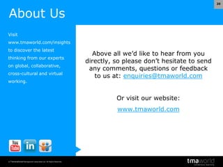 © Transnational Management Associates Ltd. All Rights Reserved.
20
Above all we’d like to hear from you
directly, so please don’t hesitate to send
any comments, questions or feedback
to us at: enquiries@tmaworld.com
Or visit our website:
www.tmaworld.com
About Us
Visit
www.tmaworld.com/insights
to discover the latest
thinking from our experts
on global, collaborative,
cross-cultural and virtual
working.
 