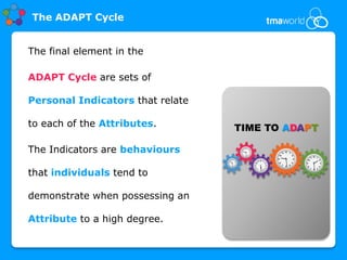 The ADAPT Cycle


The final element in the

ADAPT Cycle are sets of

Personal Indicators that relate

to each of the Attributes.        TIME TO ADAPT

The Indicators are behaviours

that individuals tend to

demonstrate when possessing an

Attribute to a high degree.
 