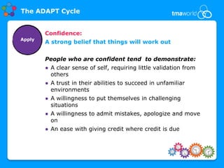 The ADAPT Cycle


        Confidence:
Apply
        A strong belief that things will work out


        People who are confident tend to demonstrate:
        ● A clear sense of self, requiring little validation from
          others
        ● A trust in their abilities to succeed in unfamiliar
          environments
        ● A willingness to put themselves in challenging
          situations
        ● A willingness to admit mistakes, apologize and move
          on
        ● An ease with giving credit where credit is due
 