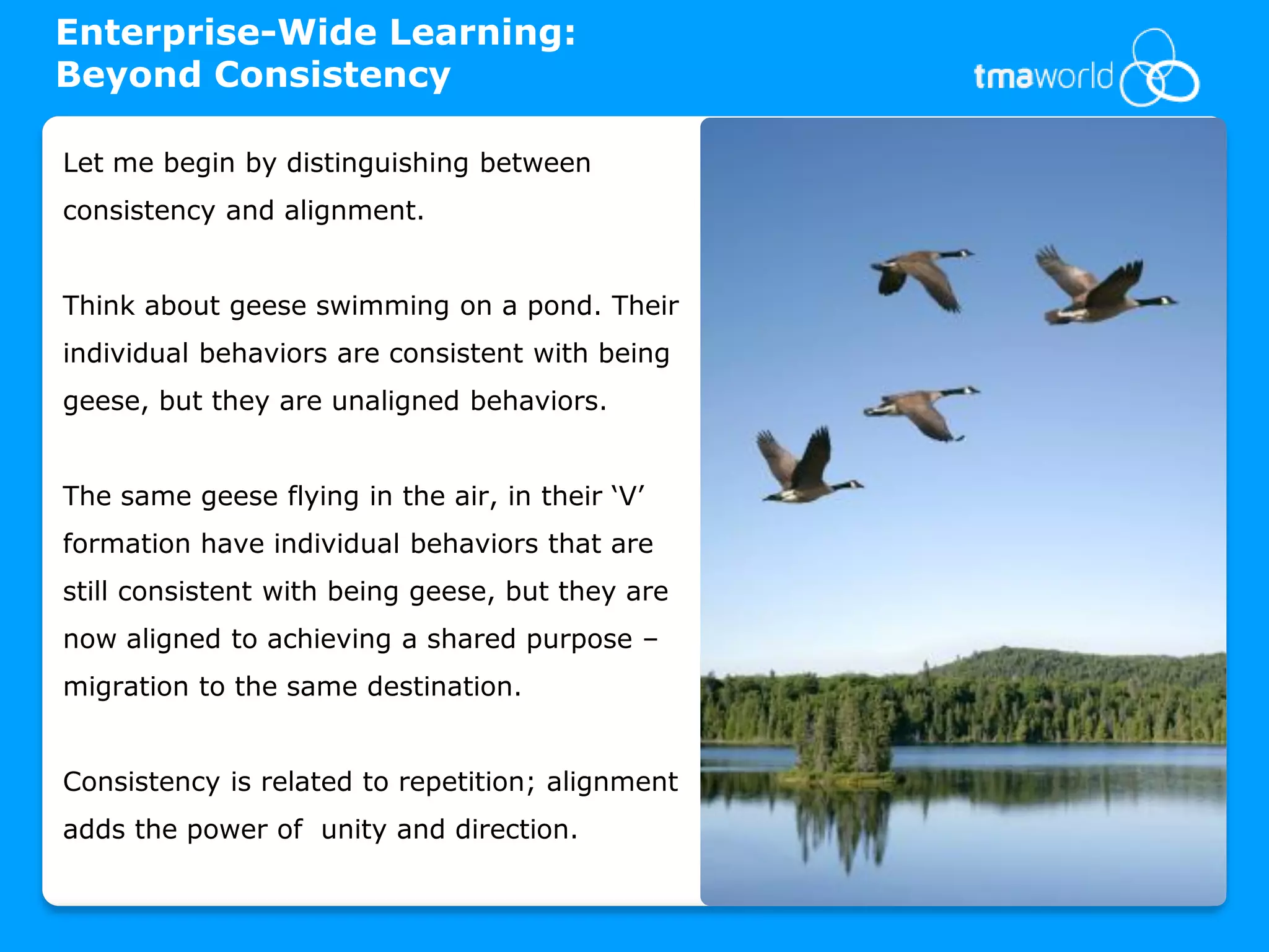 Enterprise-Wide Learning:
Beyond Consistency

Let me begin by distinguishing between
consistency and alignment.


Think about geese swimming on a pond. Their
individual behaviors are consistent with being
geese, but they are unaligned behaviors.


The same geese flying in the air, in their ‘V’
formation have individual behaviors that are
still consistent with being geese, but they are
now aligned to achieving a shared purpose –
migration to the same destination.


Consistency is related to repetition; alignment
adds the power of unity and direction.
 