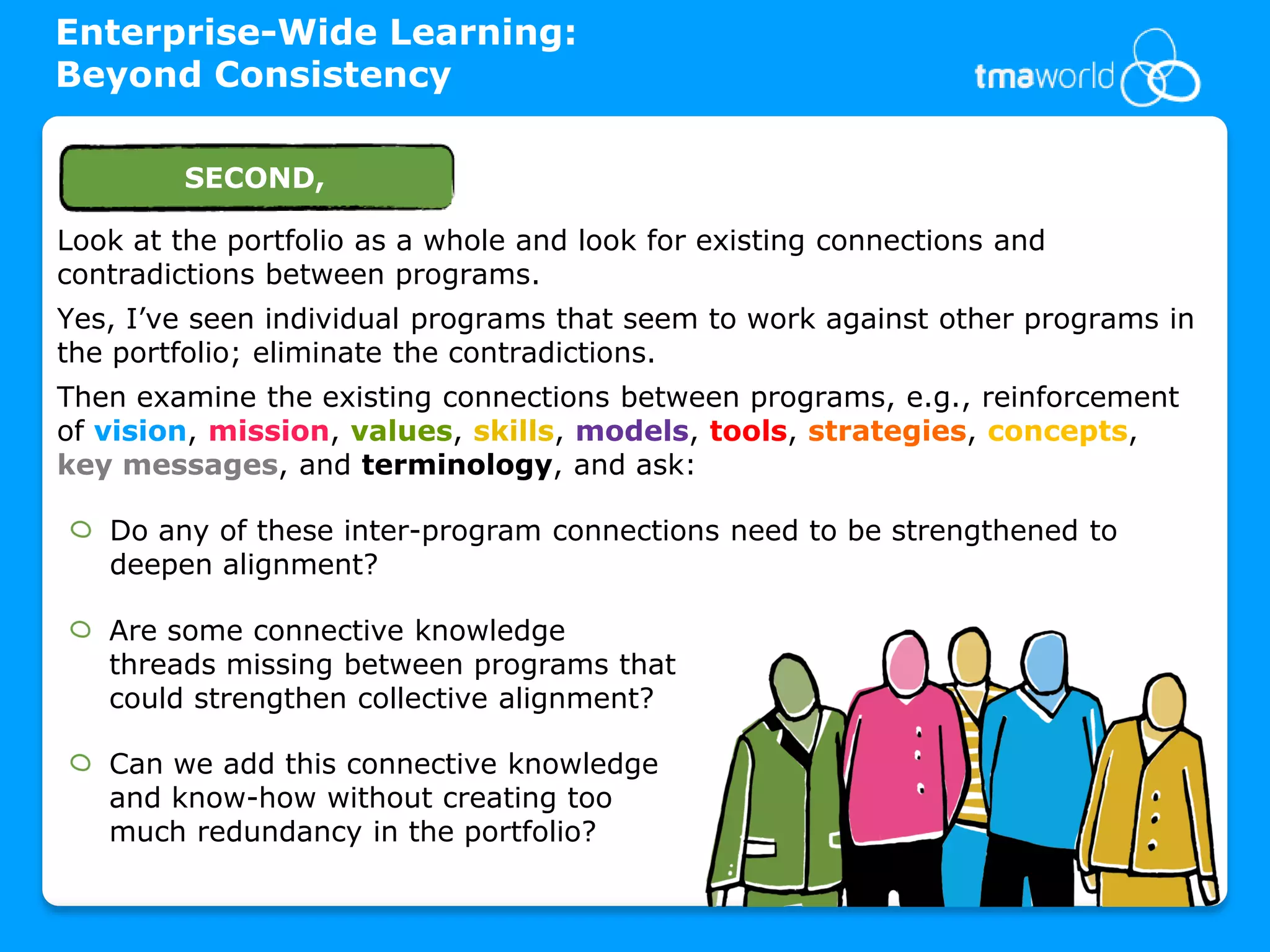Enterprise-Wide Learning:
Beyond Consistency

         SECOND,

Look at the portfolio as a whole and look for existing connections and
contradictions between programs.
Yes, I’ve seen individual programs that seem to work against other programs in
the portfolio; eliminate the contradictions.
Then examine the existing connections between programs, e.g., reinforcement
of vision, mission, values, skills, models, tools, strategies, concepts,
key messages, and terminology, and ask:

   Do any of these inter-program connections need to be strengthened to
   deepen alignment?

   Are some connective knowledge
   threads missing between programs that
   could strengthen collective alignment?

   Can we add this connective knowledge
   and know-how without creating too
   much redundancy in the portfolio?
 
