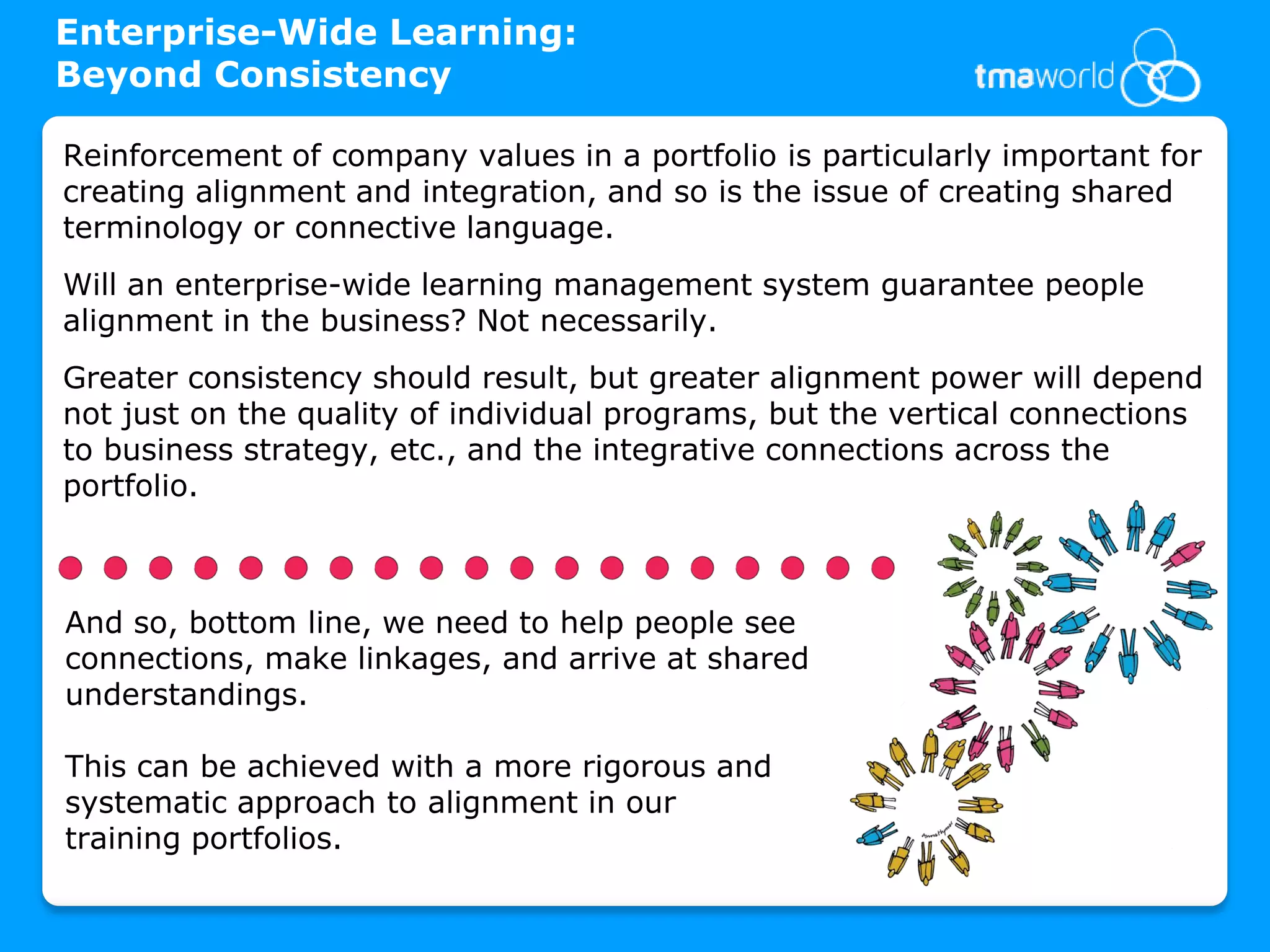Enterprise-Wide Learning:
Beyond Consistency

Reinforcement of company values in a portfolio is particularly important for
creating alignment and integration, and so is the issue of creating shared
terminology or connective language.
Will an enterprise-wide learning management system guarantee people
alignment in the business? Not necessarily.
Greater consistency should result, but greater alignment power will depend
not just on the quality of individual programs, but the vertical connections
to business strategy, etc., and the integrative connections across the
portfolio.



And so, bottom line, we need to help people see
connections, make linkages, and arrive at shared
understandings.

This can be achieved with a more rigorous and
systematic approach to alignment in our
training portfolios.
 