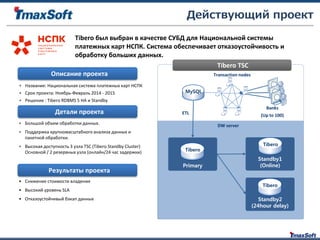 Tibero был выбран в качестве СУБД для Национальной системы
платежных карт НСПК. Система обеспечивает отказоустойчивость и
обработку больших данных.
• Название: Национальная система платежных карт НСПК
• Срок проекта: Ноябрь-Февраль 2014 - 2015
• Решение : Tibero RDBMS 5 HA и Standby
• Большой объем обработки данных.
• Поддержка крупномасштабного анализа данных и
пакетной обработки.
• Высокая доступность 3 узла TSC (Tibero Standby Cluster)
Основной / 2 резервных узла (онлайн/24 час задержки)
• Снижение стоимости владения
• Высокий уровень SLA
• Отказоустойчивый бэкап данных
Описание проекта
Детали проекта
Результаты проекта
Tibero TSC
Primary
DW server
ETL
Tibero
Standby1
(Online)
Tibero
Standby2
(24hour delay)
Tibero
MySQL
Transaction nodes
Banks
(Up to 100)
Действующий проект
 