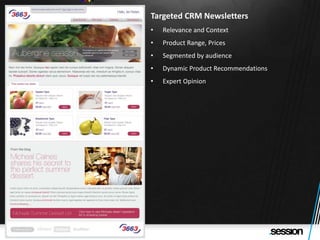 Targeted CRM Newsletters
•   Relevance and Context
•   Product Range, Prices
•   Segmented by audience
•   Dynamic Product Recommendations
•   Expert Opinion
 