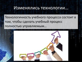 Изменялись технологии…
Технологичность учебного процесса состоит в
том, чтобы сделать учебный процесс
полностью управляемым…
 
