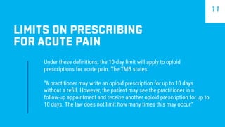 LIMITS ON PRESCRIBING
FOR ACUTE PAIN
Under these definitions, the 10-day limit will apply to opioid
prescriptions for acute pain. The TMB states:
“A practitioner may write an opioid prescription for up to 10 days
without a refill. However, the patient may see the practitioner in a
follow-up appointment and receive another opioid prescription for up to
10 days. The law does not limit how many times this may occur.”
11
 
