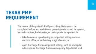 TEXAS PMP
REQUIREMENT
The review of the patient’s PMP prescribing history must be
completed before and each time a prescription is issued for opioids,
benzodiazepines, barbiturates, or carisoprodol to a patient for:
•	 take-home use, upon leaving an outpatient setting such as
doctor’s office, or ambulatory surgical center; or
•	 upon discharge from an inpatient setting, such as a hospital
admission or discharge from an emergency department visit.
4
 