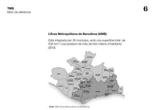 6TMB
Marc de referència
L’Àrea Metropolitana de Barcelona (AMB)
Està integrada per 36 municipis, amb una superfície total de
636 km i una població de més de tres milions d’habitants
(2013).
2
Font: AMB (Àrea Metropolitana de Barcelona).
 