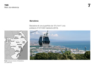 7TMB
Marc de referència
Barcelona
Barcelona té una superfície de 101,4 km2
i una
població d’1.611.822 habitants (2013).
Font: Indescat (Institut d'Estadística
de Catalunya).
 