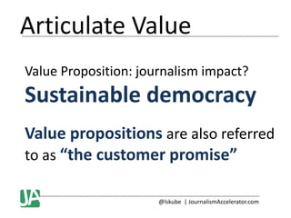 Articulate Value
Value Proposition: journalism impact?

Sustainable democracy
Value propositions are also referred
to as “the customer promise”
@lskube | JournalismAccelerator.com

 
