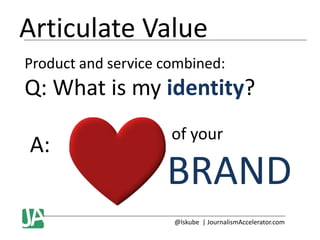 Articulate Value
Product and service combined:

Q: What is my identity?

A:

of your

BRAND
@lskube | JournalismAccelerator.com

 